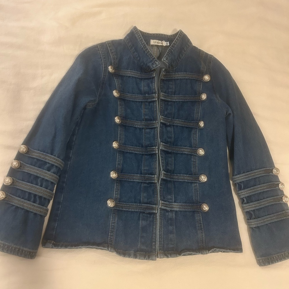 Military Style Denim Jacket with Silver Buttons - Picture 1 of 6